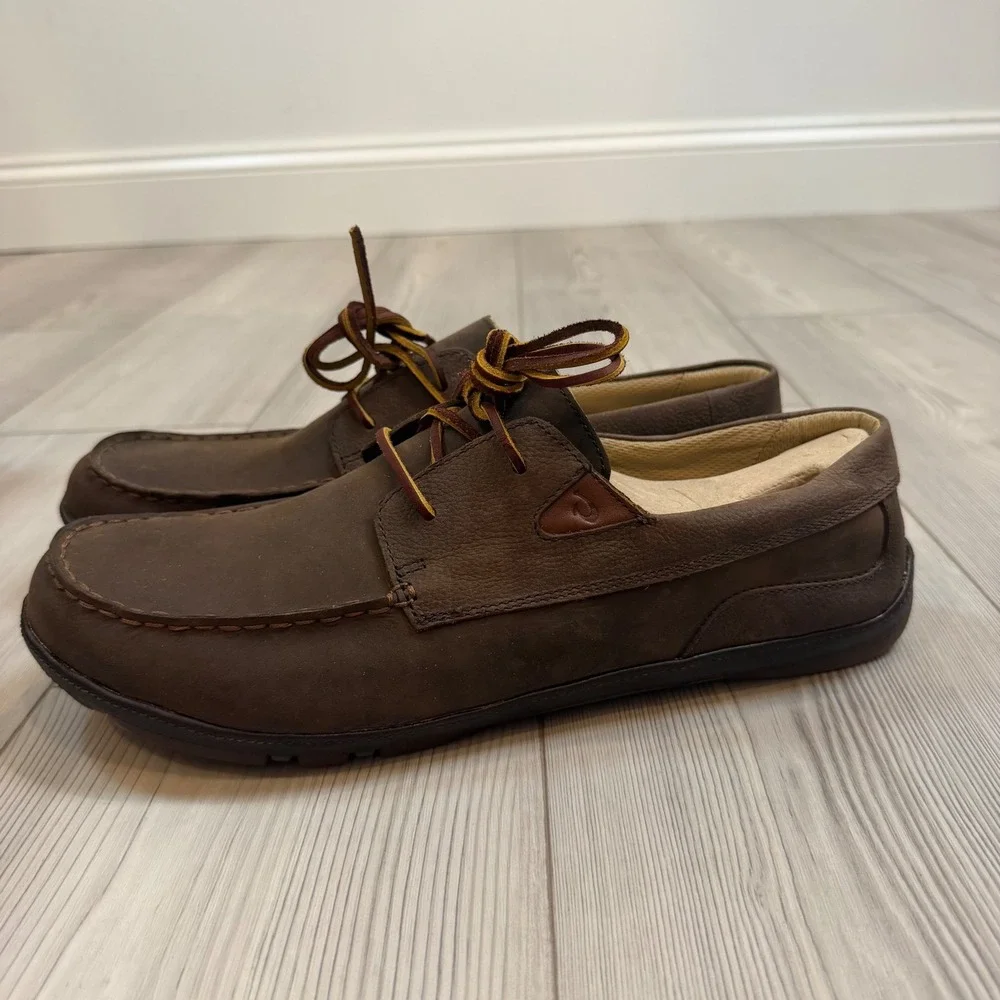 NEW OluKai Mano Mens Leather Boat Shoes Dark Wood Brown Loafers Size 14